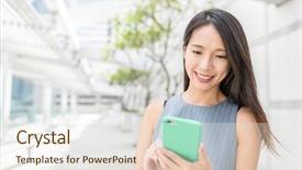  Presentation with mobile use - Amazing slide deck having teacher leader - business woman use of mobile backdrop and a sky blue colored foreground