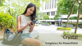  Presentation with mobile phone in woman hand - Presentation theme with business woman use of mobile background and a  colored foreground