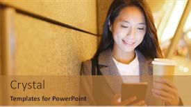  Presentation with mobile use - Slide deck consisting of business woman use of mobile phone and hold with coffee background and a gold colored foreground