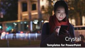 Presentation with smart city - Beautiful slide deck featuring business woman use of smart phone in city at night backdrop and a dark gray colored foreground
