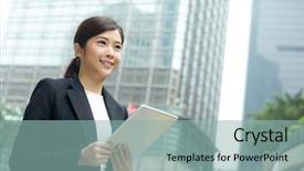  Presentation with tablet - Theme having business woman use of tablet background and a light blue colored foreground