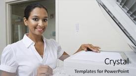  Presentation with portrait of indian macaque monkey - Audience pleasing presentation theme consisting of business woman using fax machine backdrop and a light gray colored foreground