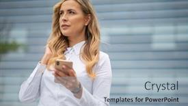  Presentation with front office - Audience pleasing PPT theme consisting of business-woman-using-her-mobile backdrop and a light blue colored foreground