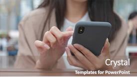  Presentation with mobile phone in woman hand - Beautiful slide deck featuring business woman using mobile phone backdrop and a violet colored foreground