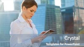  Presentation with tablet - Cool new presentation design with business woman using tablet pc backdrop and a seafoam green colored foreground