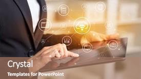  Presentation with security network - Cool new presentation theme with business woman using tablet backdrop and a coral colored foreground