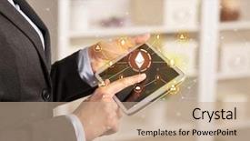  Presentation with bitcoin network - PPT layouts having business woman using tablet background and a coral colored foreground