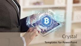  Presentation with bitcoin network - Presentation design featuring business woman using tablet in home office mood with cryptocurrency bitcoin link network concept background and a mint green colored foreground