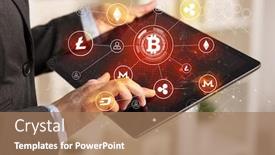  Presentation with bitcoin network - Cool new PPT theme with business woman using tablet with cryptocurrency bitcoin link network concept backdrop and a coral colored foreground