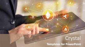  Presentation with bitcoin network - Slide set enhanced with business woman using tablet with cryptocurrency bitcoin link network and online concept background and a coral colored foreground