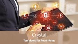  Presentation with bitcoin network - Slide deck having business woman using tablet with cryptocurrency bitcoin link network concept background and a coral colored foreground