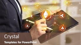  Presentation with bitcoin network - Audience pleasing PPT theme consisting of business woman using tablet with cryptocurrency bitcoin link network and online concept backdrop and a coral colored foreground