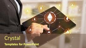  Presentation with bitcoin network - Colorful slides enhanced with business woman using tablet with cryptocurrency bitcoin link network and online concept backdrop and a tawny brown colored foreground