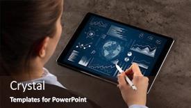  Presentation with tablet - Cool new PPT theme with business-woman-verifying-reports backdrop and a wine colored foreground