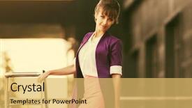  Presentation with purple business - Slide set having young fashion business woman walking on city street stylish female model wearing purple blazer and pink pencil skirt background and a yellow colored foreground