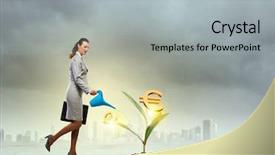  Presentation with money tree - Presentation design enhanced with business woman watering money tree background and a light gray colored foreground