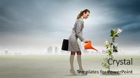  Presentation with money tree - Colorful presentation design enhanced with business woman watering money tree backdrop and a light gray colored foreground