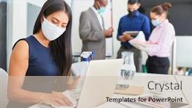  Presentation with disinfect - Audience pleasing slides consisting of business-woman-wearing-face-mask backdrop and a soft green colored foreground