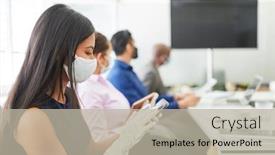  Presentation with video conference - Audience pleasing presentation design consisting of business-woman-wearing-face-mask backdrop and a mint green colored foreground