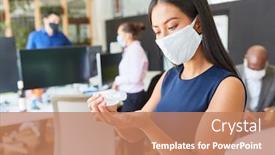  Presentation with corona virus - Audience pleasing presentation design consisting of business-woman-wearing-face-mask backdrop and a coral colored foreground