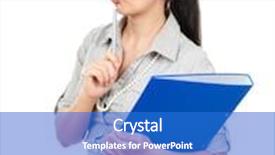  Presentation with binder - Beautiful slides featuring business woman with a blue binder and a pencil backdrop and a cobalt blue colored foreground