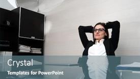  Presentation with woman office desk - Slides consisting of business-woman-with-eyeglasses-sitting background and a ocean colored foreground