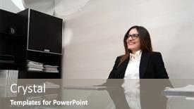  Presentation with woman office desk - PPT theme enhanced with business-woman-with-eyeglasses-sitting background and a gray colored foreground