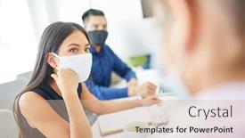  Presentation with face mask - Presentation theme enhanced with business-woman-with-face-mask background and a soft green colored foreground