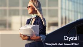  Presentation with car business - Beautiful slide set featuring business woman with financial paper backdrop and a  colored foreground