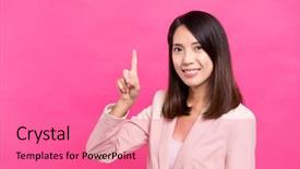  Presentation with finger point - PPT theme enhanced with business woman with finger point up background and a coral colored foreground