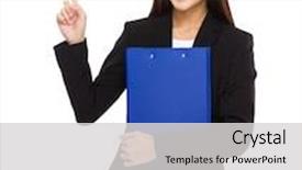  Presentation with finger point - Amazing slide deck having business woman with folder and finger point up backdrop and a light gray colored foreground