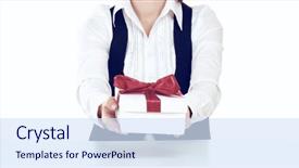  Presentation with red bow - PPT layouts with business woman with gift box red bow sitting at the desk background and a sky blue colored foreground