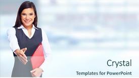  Presentation with young business woman smile show - Colorful presentation enhanced with business woman with handshake meeting backdrop and a cool aqua colored foreground