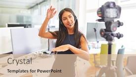  Presentation with online streaming - Presentation featuring business-woman-with-headset-recording background and a lemonade colored foreground