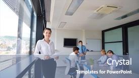  Presentation with staff - Cool new presentation with business woman with her staff people group in background at modern bright office indoors backdrop and a seafoam green colored foreground