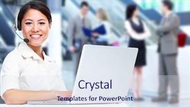  Presentation with call center performance reporting - Cool new presentation theme with business woman with laptop computer backdrop and a sky blue colored foreground