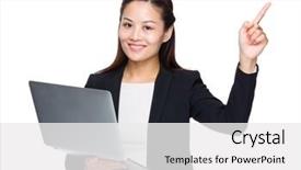  Presentation with finger point - Slides having business woman with laptop computer background and a white colored foreground