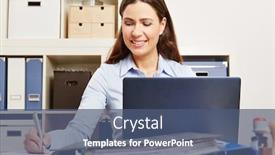  Presentation with business research - Colorful presentation theme enhanced with business woman with laptop in her office taking notes during research backdrop and a ocean colored foreground