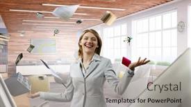  Presentation with books - Presentation design featuring business-woman-with-papers background and a light gray colored foreground