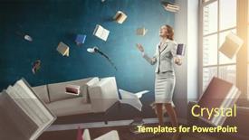  Presentation with books - Presentation design with business-woman-with-papers background and a tawny brown colored foreground