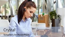  Presentation with young business woman smile show - Amazing PPT theme having business woman with smile is sitting with touch pad in comfortable restaurant during recreation time happy female student works on digital tablet and relaxes in coffee shop backdrop and a light blue colored foreground