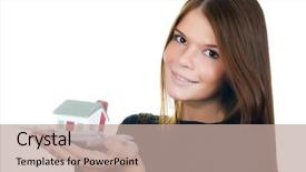  Presentation with toy - PPT theme having business woman with the toy background and a coral colored foreground