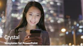  Presentation with work life balance scales business - Colorful slide deck enhanced with business woman work on mobile backdrop and a  colored foreground