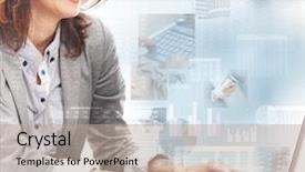  Presentation with digital banking - PPT theme having business woman working in digital background and a mint green colored foreground