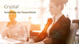  Presentation with desktop - PPT layouts enhanced with business woman working on desktop computer at modern startup office people group in background with sunrise or sunset and sun flare in background background and a cream colored foreground