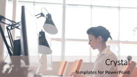  Presentation with desktop - Slides enhanced with business woman working on desktop background and a soft green colored foreground