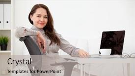  Presentation with computer - Amazing presentation design having business woman working on laptop backdrop and a  colored foreground