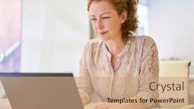  Presentation with developer - Presentation design consisting of business-woman-working-on-laptop background and a coral colored foreground