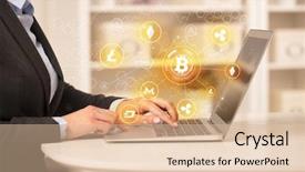  Presentation with bitcoin network - Audience pleasing slides consisting of business woman working on tablet backdrop and a  colored foreground