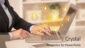  Presentation with bitcoin network - Slides consisting of business woman working on tablet background and a  colored foreground